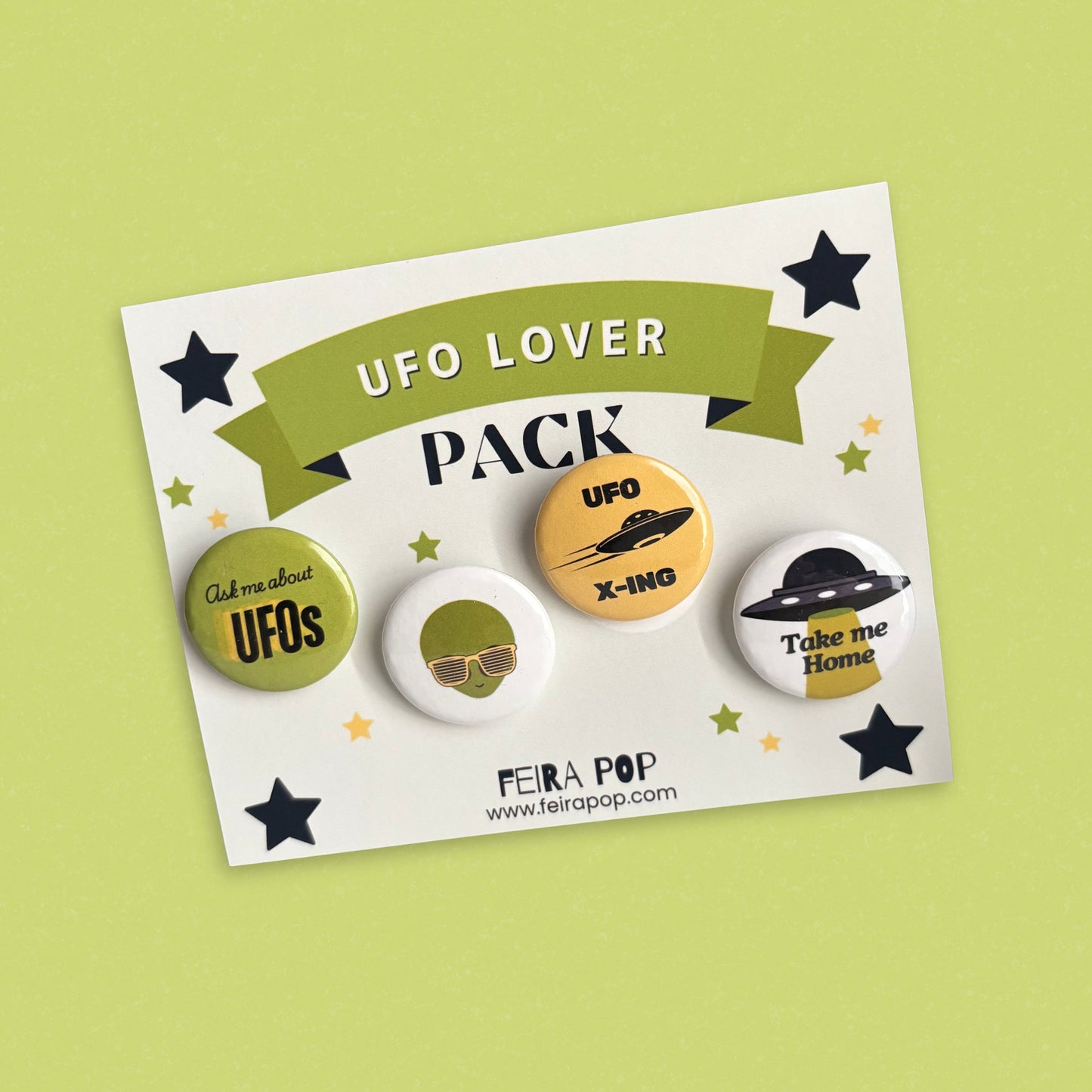 UFO Lover pin-back button pack featuring four funny alien designs: “Ask Me About UFOs,” cool alien with sunglasses, “UFO X-Ing,” and “Take Me Home.” Perfect gift for UFO lovers, sci-fi fans, and alien enthusiasts.