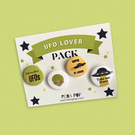 UFO Lover pin-back button pack featuring four funny alien designs: “Ask Me About UFOs,” cool alien with sunglasses, “UFO X-Ing,” and “Take Me Home.” Perfect gift for UFO lovers, sci-fi fans, and alien enthusiasts.