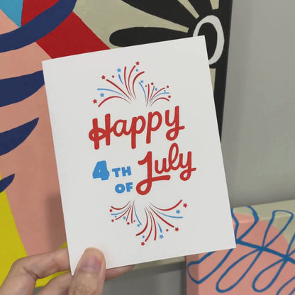 Greeting card with the phrase Happy 4th of July written in blue and red, featuring fireworks. Perfect for celebrating Independence Day with a festive touch.