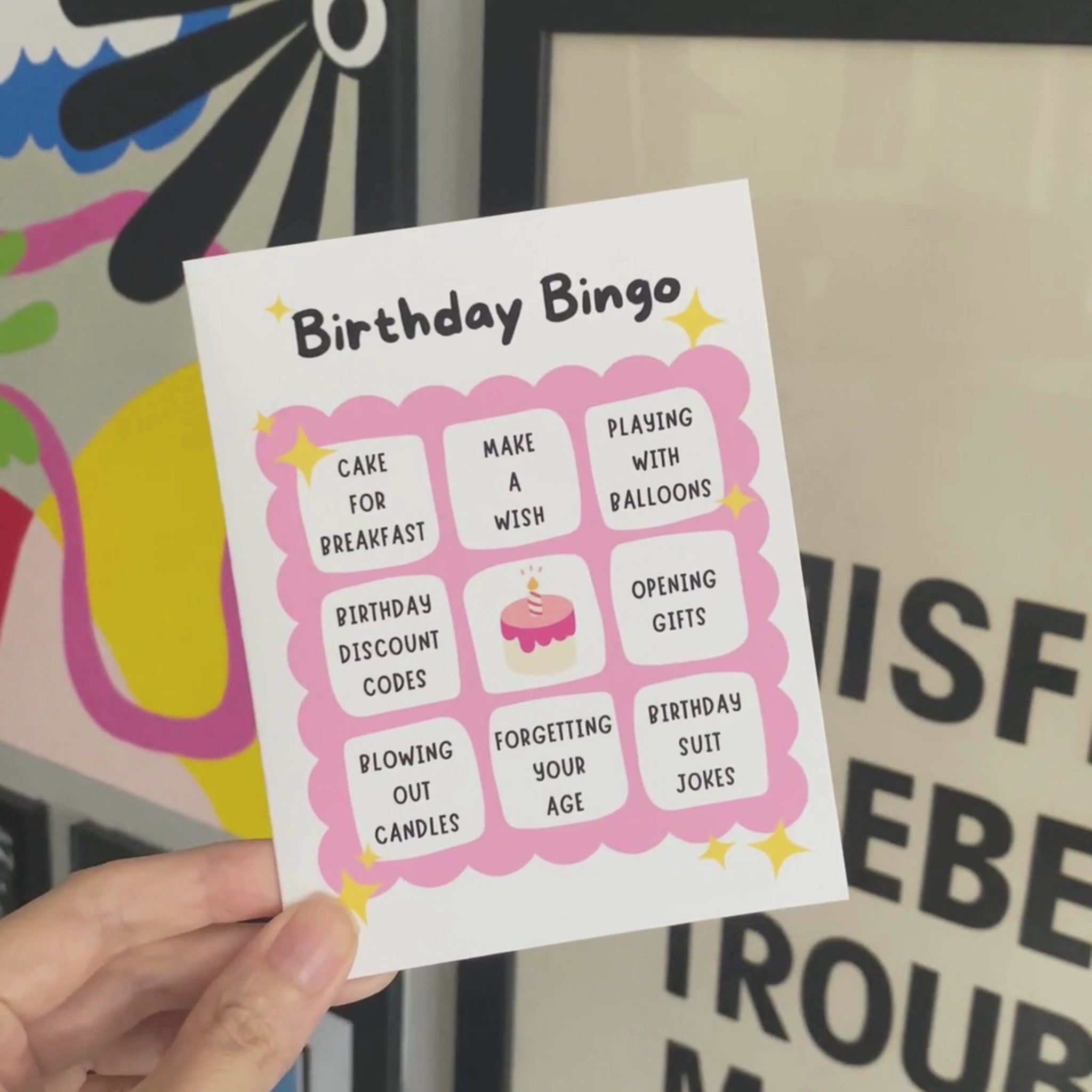 Birthday Bingo greeting card with a playful bingo card design featuring birthday-related activities like making a wish and eating cake for breakfast, topped with the phrase 'Birthday Bingo.' Perfect for fun birthday celebrations and game lovers.